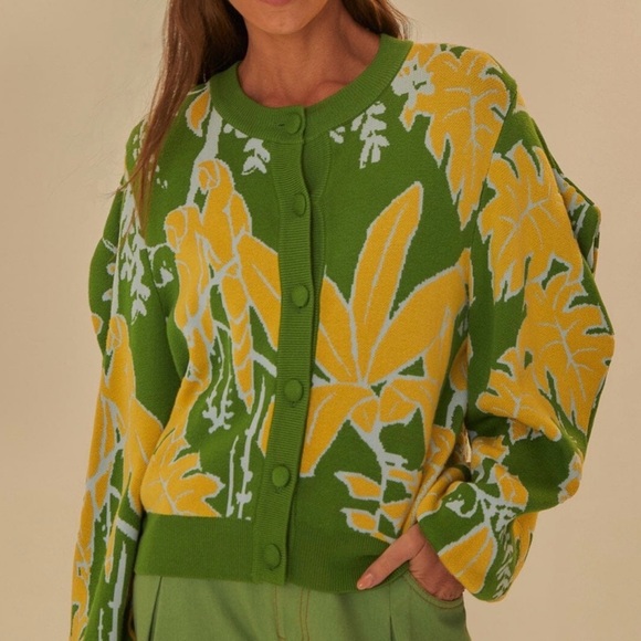 Farm Rio Small Foliage Sketch Knit Cardigan Sweater Green Yellow Preppy $220 New - Picture 3 of 8